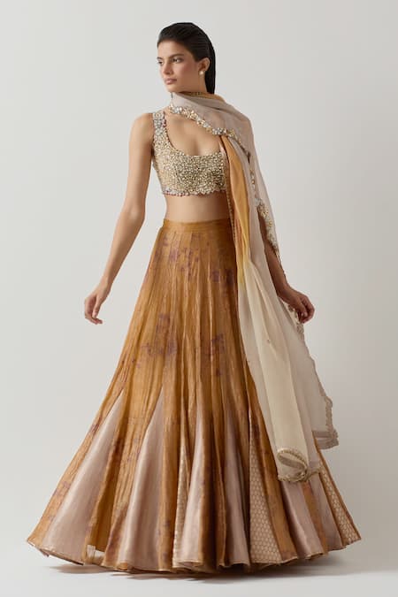 Aum By Asit And Ashima_Yellow Silk, Tissue Sequins, Beads Scoop Neck Patchwork Hem Textured Lehenga Set _at_Aza_Fashions