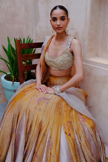 Buy_Aum By Asit And Ashima_Yellow Silk, Tissue Sequins, Beads Scoop Neck Patchwork Hem Textured Lehenga Set 