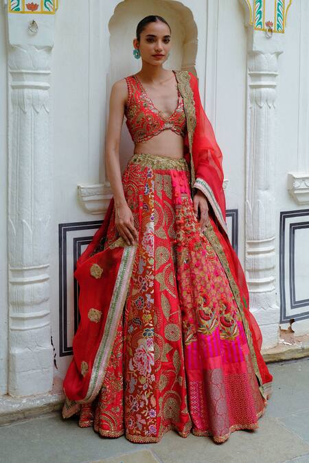 AUM by Asit and Ashima Red Silk Embroidered Bead V-neck Patchwork Zardozi Bridal Lehenga Set 