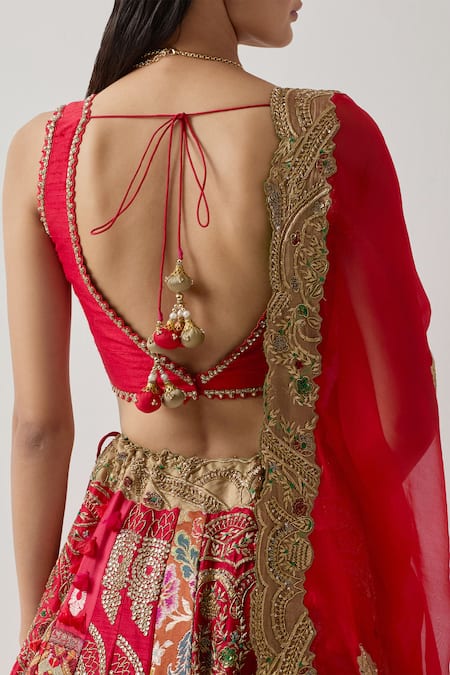 Aum By Asit And Ashima Red Silk Sequins, Beads, Zari Patchwork Zardozi Embroidered Bridal Lehenga Set Online at Aza Fashions Aum By Asit And Ashima_Red Silk Sequins, Beads, Zari Patchwork Zardozi Embroidered Bridal Lehenga Set _Online_at_Aza_Fashions
