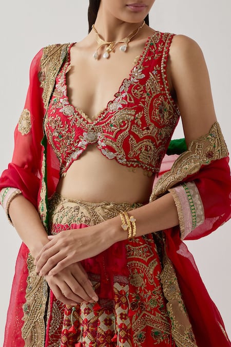Buy Aum By Asit And Ashima Red Silk Sequins, Beads, Zari Patchwork Zardozi Embroidered Bridal Lehenga Set Online at Aza Fashions Buy_Aum By Asit And Ashima_Red Silk Sequins, Beads, Zari Patchwork Zardozi Embroidered Bridal Lehenga Set _Online_at_Aza_Fashions