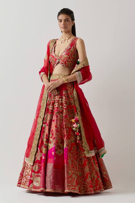 Shop Aum By Asit And Ashima Red Silk Sequins, Beads, Zari Patchwork Zardozi Embroidered Bridal Lehenga Set Online at Aza Fashions Shop_Aum By Asit And Ashima_Red Silk Sequins, Beads, Zari Patchwork Zardozi Embroidered Bridal Lehenga Set _Online_at_Aza_Fashions