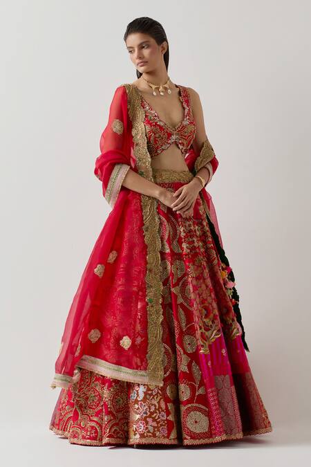 Aum By Asit And Ashima Red Silk Sequins, Beads, Zari Patchwork Zardozi Embroidered Bridal Lehenga Set at Aza Fashions Aum By Asit And Ashima_Red Silk Sequins, Beads, Zari Patchwork Zardozi Embroidered Bridal Lehenga Set _at_Aza_Fashions