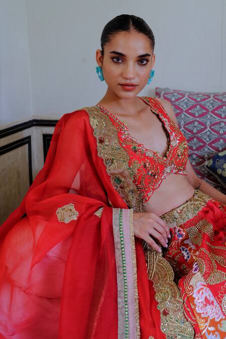 Buy Aum By Asit And Ashima Red Silk Sequins, Beads, Zari Patchwork Zardozi Embroidered Bridal Lehenga Set Buy_Aum By Asit And Ashima_Red Silk Sequins, Beads, Zari Patchwork Zardozi Embroidered Bridal Lehenga Set