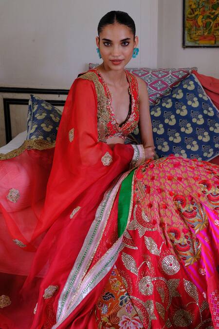 Shop Aum By Asit And Ashima Red Silk Sequins, Beads, Zari Patchwork Zardozi Embroidered Bridal Lehenga Set Shop_Aum By Asit And Ashima_Red Silk Sequins, Beads, Zari Patchwork Zardozi Embroidered Bridal Lehenga Set