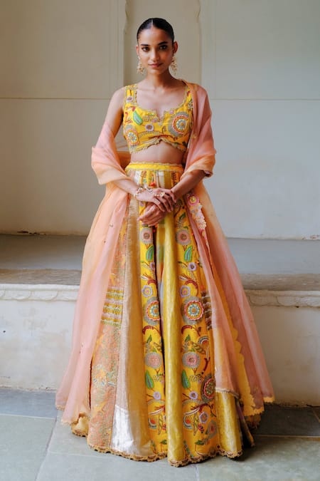 AUM by Asit and Ashima Yellow Silk Embroidered Bead Sweetheart Zardozi Patchwork Bridal Lehenga Set 