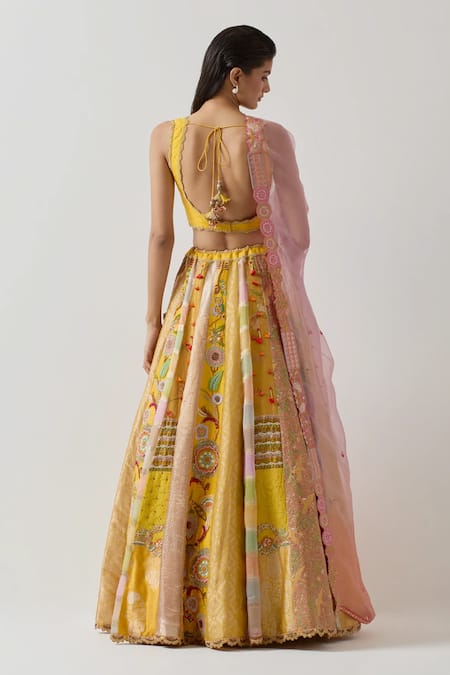 Aum By Asit And Ashima Silk Zardozi Embroidered Patchwork Bridal Lehenga Set 