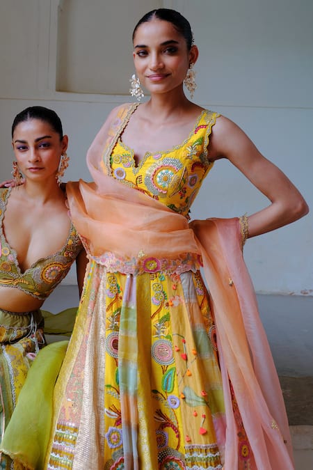 Buy_Aum By Asit And Ashima_Yellow Silk Beads, Sequins, Zardozi Embroidered Patchwork Bridal Lehenga Set _Online_at_Aza_Fashions