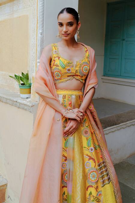 Shop_Aum By Asit And Ashima_Yellow Silk Beads, Sequins, Zardozi Embroidered Patchwork Bridal Lehenga Set _Online_at_Aza_Fashions