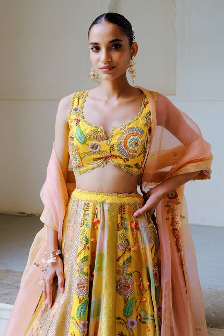 Aum By Asit And Ashima_Yellow Silk Beads, Sequins, Zardozi Embroidered Patchwork Bridal Lehenga Set _at_Aza_Fashions