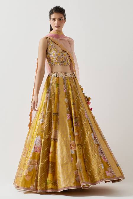 Aum By Asit And Ashima_Yellow Silk Sequins, Beads, Patchwork, Zari Scoop Neck Embroidered Lehenga Set _Online_at_Aza_Fashions