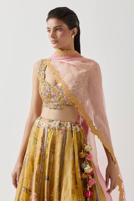 Buy_Aum By Asit And Ashima_Yellow Silk Sequins, Beads, Patchwork, Zari Scoop Neck Embroidered Lehenga Set _Online_at_Aza_Fashions