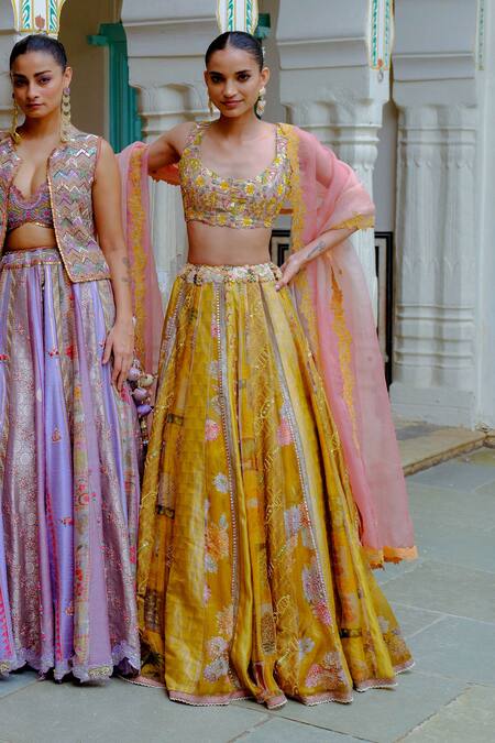 Shop_Aum By Asit And Ashima_Yellow Silk Sequins, Beads, Patchwork, Zari Scoop Neck Embroidered Lehenga Set _Online_at_Aza_Fashions