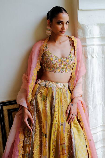 Aum By Asit And Ashima_Yellow Silk Sequins, Beads, Patchwork, Zari Scoop Neck Embroidered Lehenga Set _at_Aza_Fashions