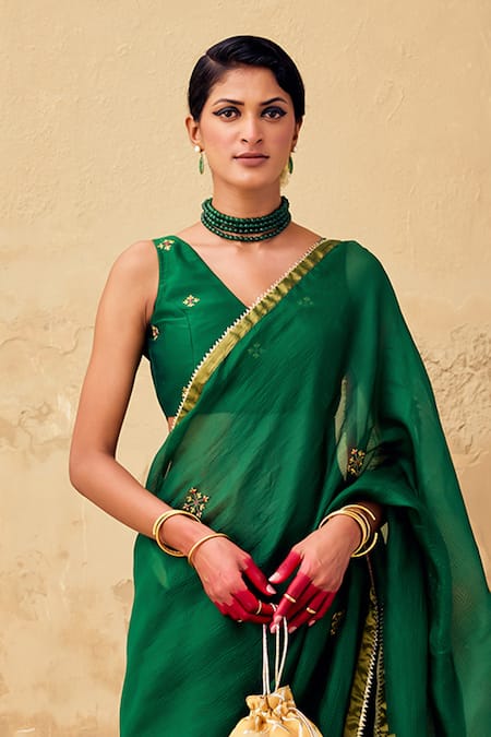 Kharakapas_Green Kota Doria, Chanderi Patti, Embroidery, Ghazal Saree With Blouse _Online_at_Aza_Fashions