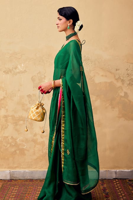 Buy_Kharakapas_Green Kota Doria, Chanderi Patti, Embroidery, Ghazal Saree With Blouse _Online_at_Aza_Fashions