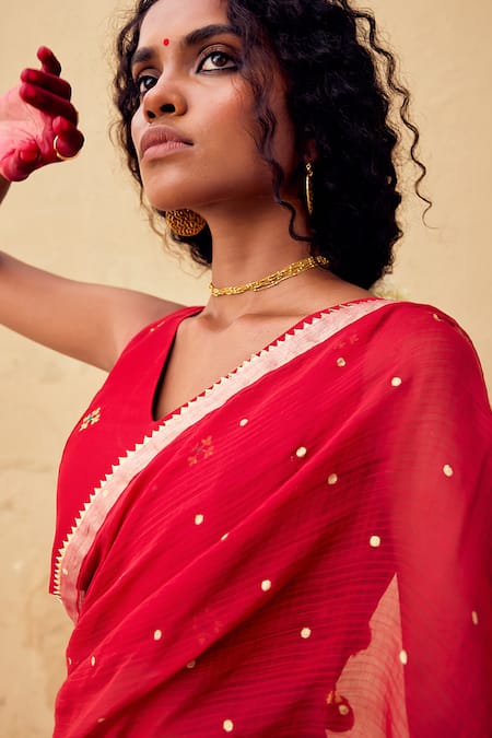 Shop_Kharakapas_Red Kota Doria, Chanderi Patti, Foil Printing Maharani Saree With Blouse _Online_at_Aza_Fashions