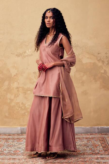 Buy_Kharakapas_Brown Chanderi, Kota Doria Patti, Kishmish Short Kurta And Sharara Set _Online_at_Aza_Fashions