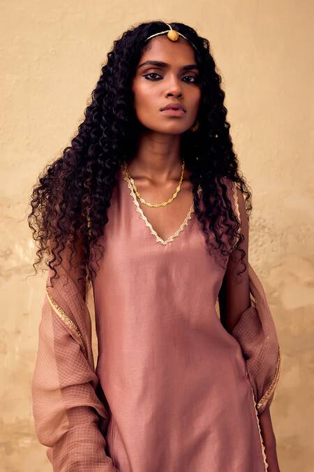 Shop_Kharakapas_Brown Chanderi, Kota Doria Patti, Kishmish Short Kurta And Sharara Set _Online_at_Aza_Fashions