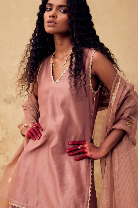 Kharakapas_Brown Chanderi, Kota Doria Patti, Kishmish Short Kurta And Sharara Set _at_Aza_Fashions