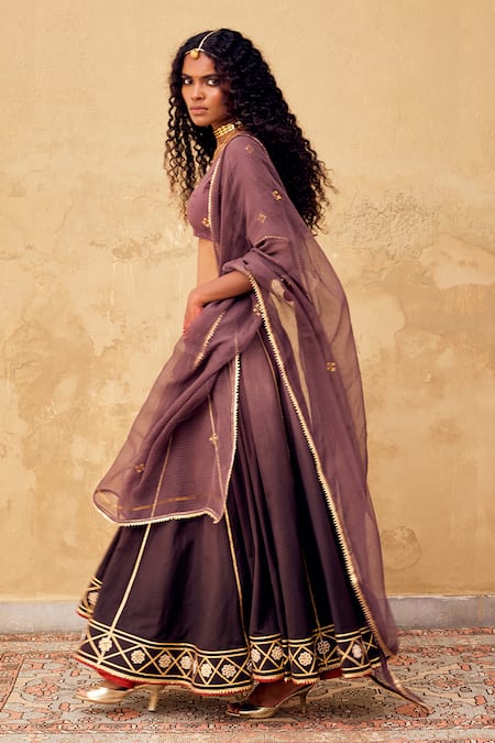 Shop_Kharakapas_Wine Linen, Kota Doria Embroidery, Lace, Patti Round Saanjh Lehenga Set _Online_at_Aza_Fashions