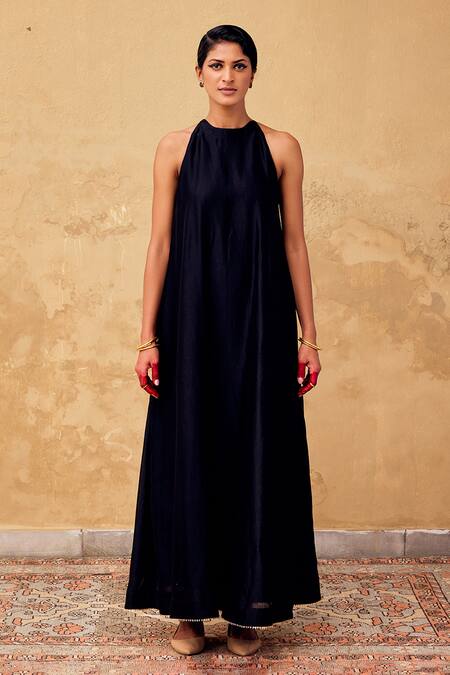 Buy Kharakapas Black Chanderi Gota Patti, Lace Halter Neck Embroidered Dress Online at Aza Fashions Buy_Kharakapas_Black Chanderi Gota Patti, Lace Halter Neck Embroidered Dress _Online_at_Aza_Fashions