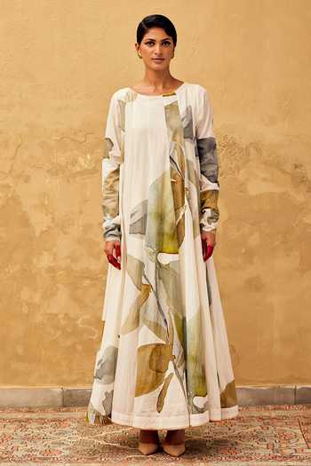 Kharakapas Off White Cotton Embroidery Round Neck Floral Print Voluminous Dress Online at Aza Fashions Kharakapas_Off White Cotton Embroidery Round Neck Floral Print Voluminous Dress _Online_at_Aza_Fashions