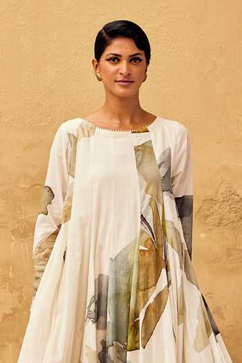 Buy Kharakapas Off White Cotton Embroidery Round Neck Floral Print Voluminous Dress Online at Aza Fashions Buy_Kharakapas_Off White Cotton Embroidery Round Neck Floral Print Voluminous Dress _Online_at_Aza_Fashions