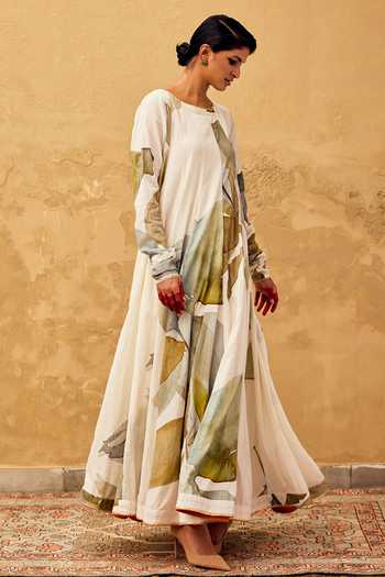 Shop Kharakapas Off White Cotton Embroidery Round Neck Floral Print Voluminous Dress Online at Aza Fashions Shop_Kharakapas_Off White Cotton Embroidery Round Neck Floral Print Voluminous Dress _Online_at_Aza_Fashions