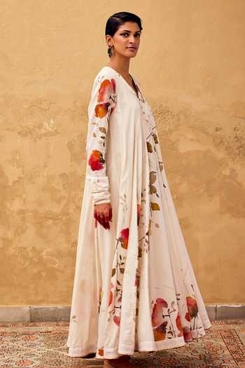 Kharakapas Off White Cotton Embroidery, Gota Patti Contrast Floral Print Voluminous Dress Online at Aza Fashions Kharakapas_Off White Cotton Embroidery, Gota Patti Contrast Floral Print Voluminous Dress _Online_at_Aza_Fashions