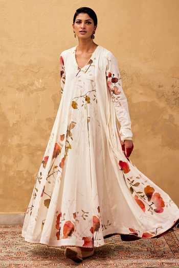 Buy Kharakapas Off White Cotton Embroidery, Gota Patti Contrast Floral Print Voluminous Dress Online at Aza Fashions Buy_Kharakapas_Off White Cotton Embroidery, Gota Patti Contrast Floral Print Voluminous Dress _Online_at_Aza_Fashions