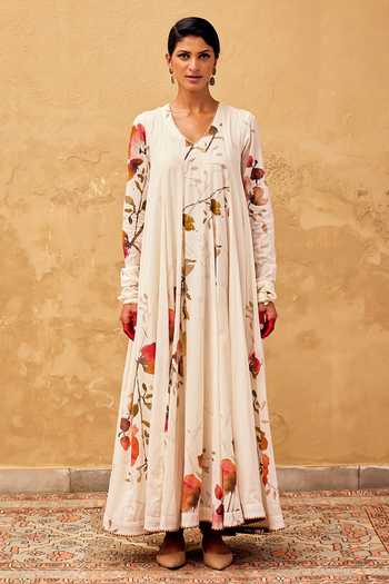 Shop Kharakapas Off White Cotton Embroidery, Gota Patti Contrast Floral Print Voluminous Dress Online at Aza Fashions Shop_Kharakapas_Off White Cotton Embroidery, Gota Patti Contrast Floral Print Voluminous Dress _Online_at_Aza_Fashions