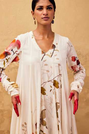 Kharakapas Off White Cotton Embroidery, Gota Patti Contrast Floral Print Voluminous Dress at Aza Fashions Kharakapas_Off White Cotton Embroidery, Gota Patti Contrast Floral Print Voluminous Dress _at_Aza_Fashions