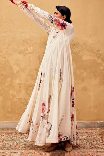 Kharakapas_Off White Cotton Embroidery, Gota Patti Round Neck Contrast Floral Print Dress _Online_at_Aza_Fashions
