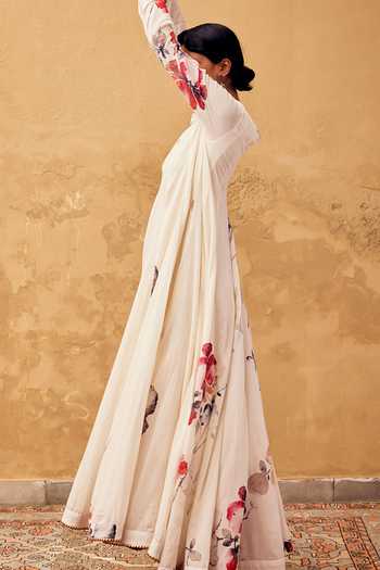 Buy_Kharakapas_Off White Cotton Embroidery, Gota Patti Round Neck Contrast Floral Print Dress _Online_at_Aza_Fashions