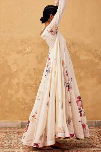 Shop_Kharakapas_Off White Cotton Embroidery, Gota Patti Round Neck Contrast Floral Print Dress _Online_at_Aza_Fashions