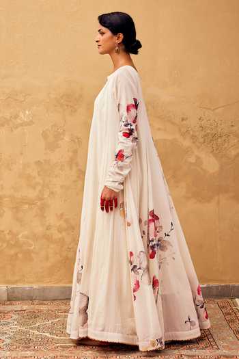 Kharakapas_Off White Cotton Embroidery, Gota Patti Round Neck Contrast Floral Print Dress _at_Aza_Fashions