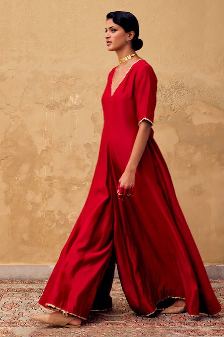 Shop_Kharakapas_Red Chanderi Gota Patti V-neck Embellished Box Fit Jumpsuit _Online_at_Aza_Fashions