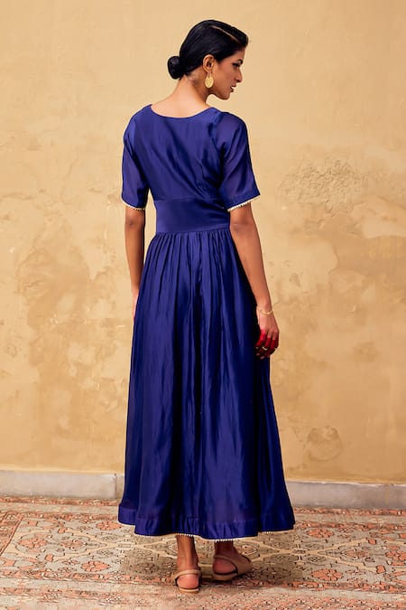 Shop Kharakapas Blue Chanderi Embroidery V-neck Embellished Midriff Dress at Aza Fashions Shop_Kharakapas_Blue Chanderi Embroidery V-neck Embellished Midriff Dress _at_Aza_Fashions