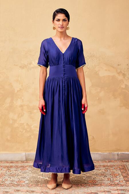 Kharakapas Blue Chanderi Embroidery V-neck Embellished Midriff Dress Online at Aza Fashions Kharakapas_Blue Chanderi Embroidery V-neck Embellished Midriff Dress _Online_at_Aza_Fashions