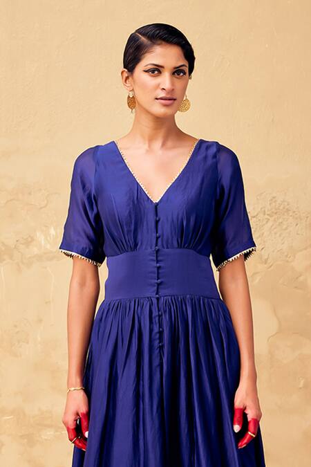 Buy Kharakapas Blue Chanderi Embroidery V-neck Embellished Midriff Dress Online at Aza Fashions Buy_Kharakapas_Blue Chanderi Embroidery V-neck Embellished Midriff Dress _Online_at_Aza_Fashions