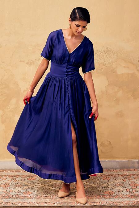 Shop Kharakapas Blue Chanderi Embroidery V-neck Embellished Midriff Dress Online at Aza Fashions Shop_Kharakapas_Blue Chanderi Embroidery V-neck Embellished Midriff Dress _Online_at_Aza_Fashions