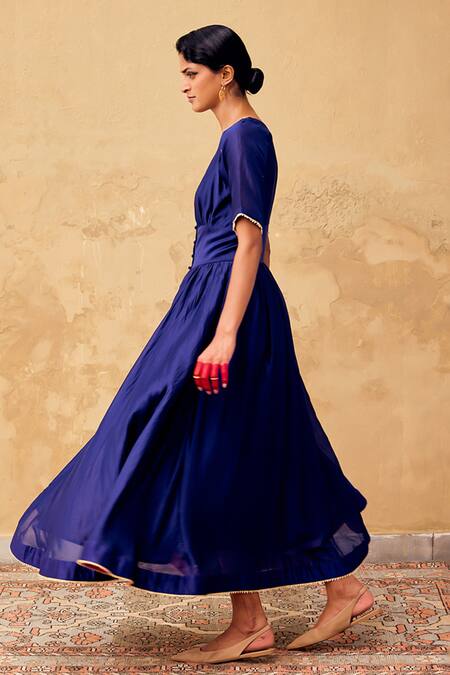 Kharakapas Blue Chanderi Embroidery V-neck Embellished Midriff Dress at Aza Fashions Kharakapas_Blue Chanderi Embroidery V-neck Embellished Midriff Dress _at_Aza_Fashions