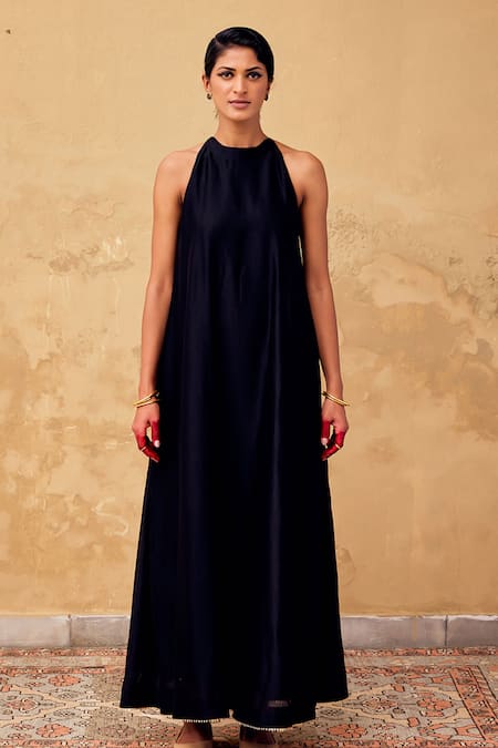 Shop_Kharakapas_Black Chanderi Gota Patti, Embroidery Dress With Block Print Bolero Jacket _Online_at_Aza_Fashions