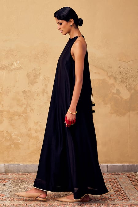 Kharakapas_Black Chanderi Gota Patti, Embroidery Dress With Block Print Bolero Jacket _at_Aza_Fashions