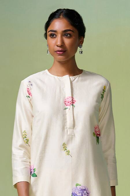 Dressfolk_Ivory Chanderi Embroidery Round Neck Floral Print Kurta Set_Online_at_Aza_Fashions