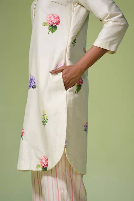 Shop_Dressfolk_Ivory Chanderi Embroidery Round Neck Floral Print Kurta Set_Online_at_Aza_Fashions