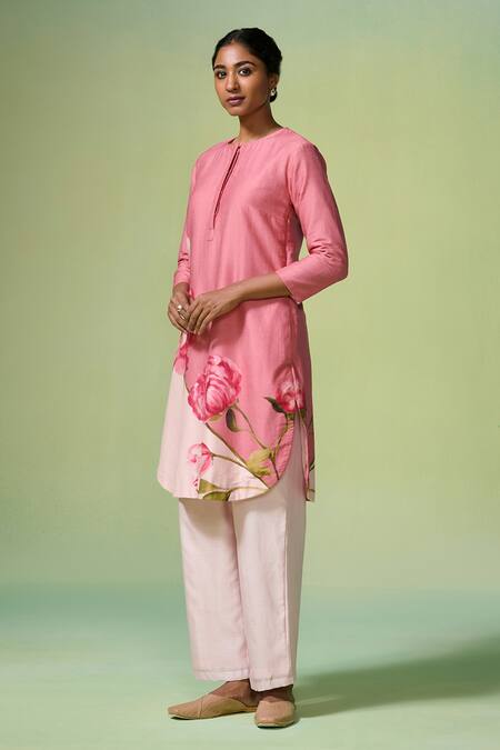 Buy_Dressfolk_Pink Chanderi Embroidery Round Neck Floral Print Kurta Set_Online_at_Aza_Fashions