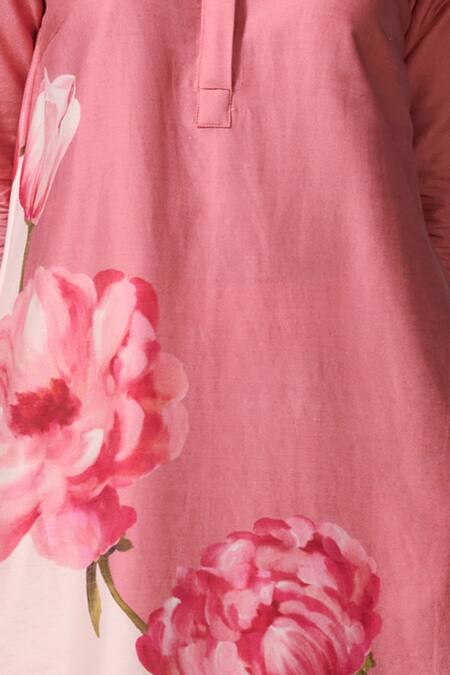 Shop_Dressfolk_Pink Chanderi Embroidery Round Neck Floral Print Kurta Set_Online_at_Aza_Fashions
