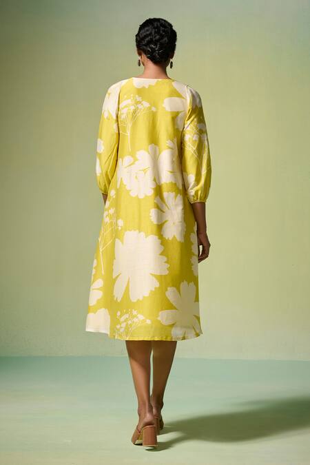 Shop_Dressfolk_Yellow Chanderi V-neck Komal Floral Pattern Dress _at_Aza_Fashions